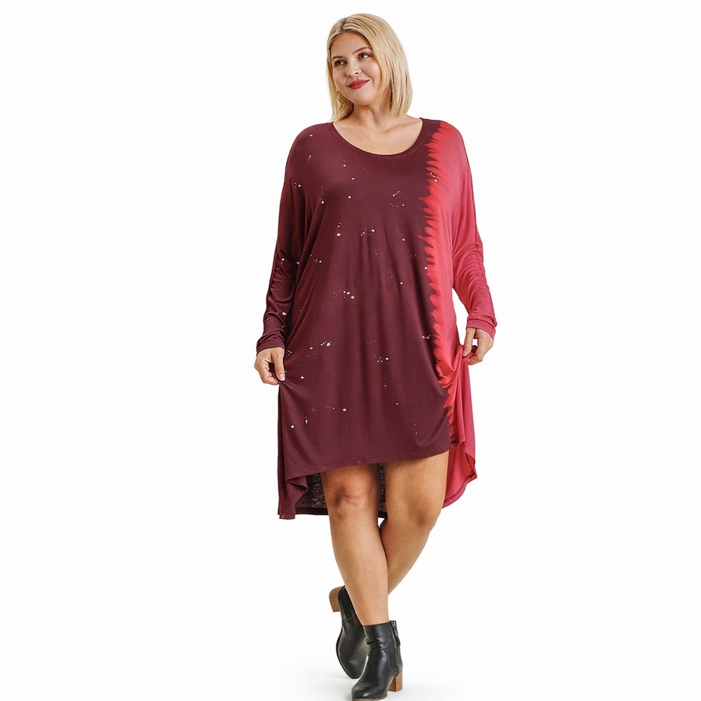 Umgee Dip Dye Maroon Dolman Long Sleeve Dress, Size 1XL NWT
